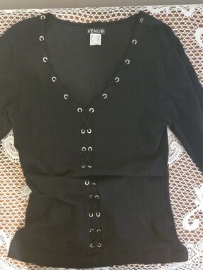 VENUS Black Lace-Up V-Neck Knit Top with Silver Eyelets